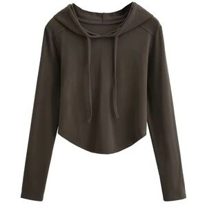 Dark Brown Grey Color Crop Hoodie with a Curved U Shape Hem! NWT!